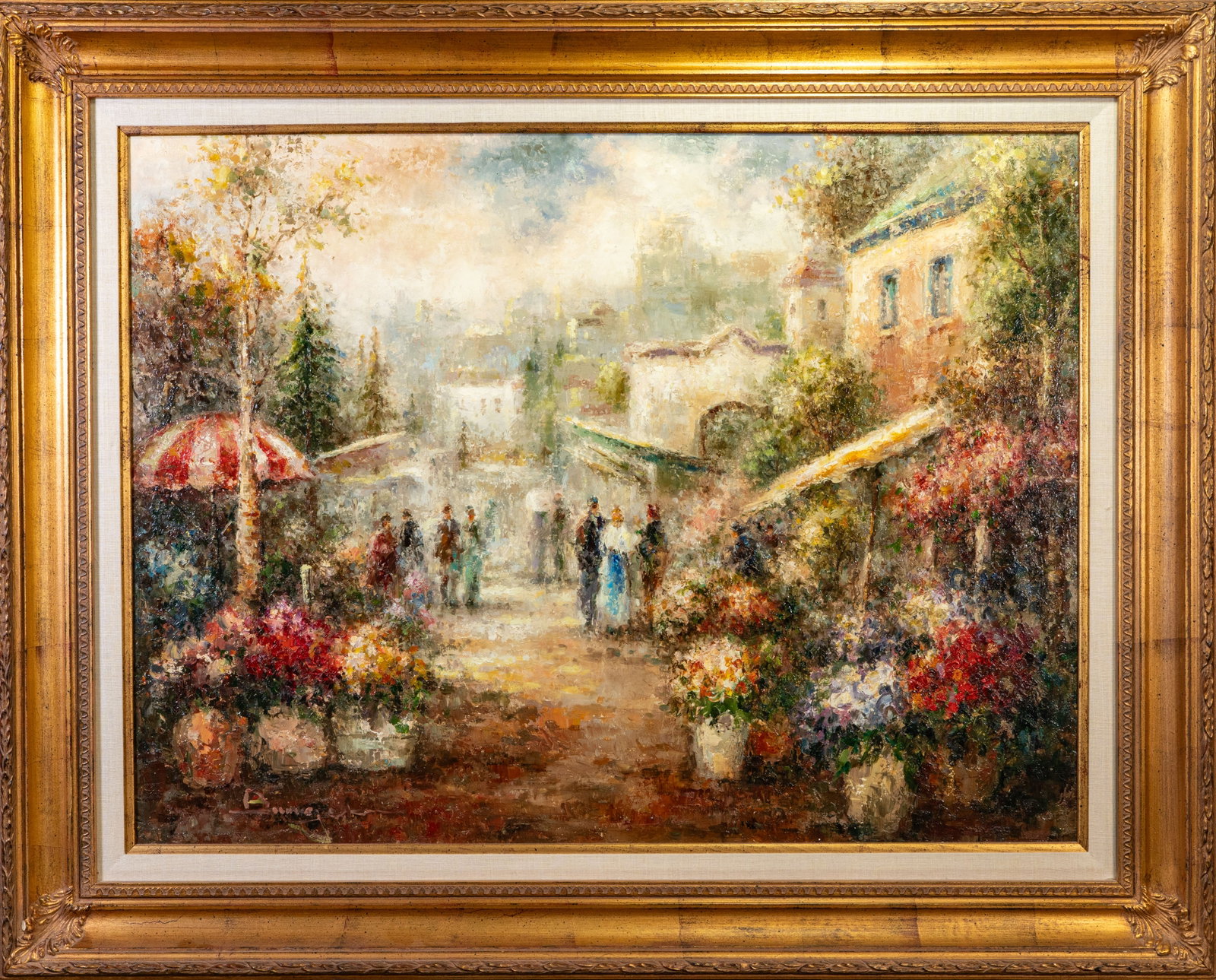 Large Oil on Canvas Impressionist French Street Scene: A large oil on canvas of an Impressionist French Flower Market Street Scene. Signed illegible lower left. Canvas size: 30 x 40 in.