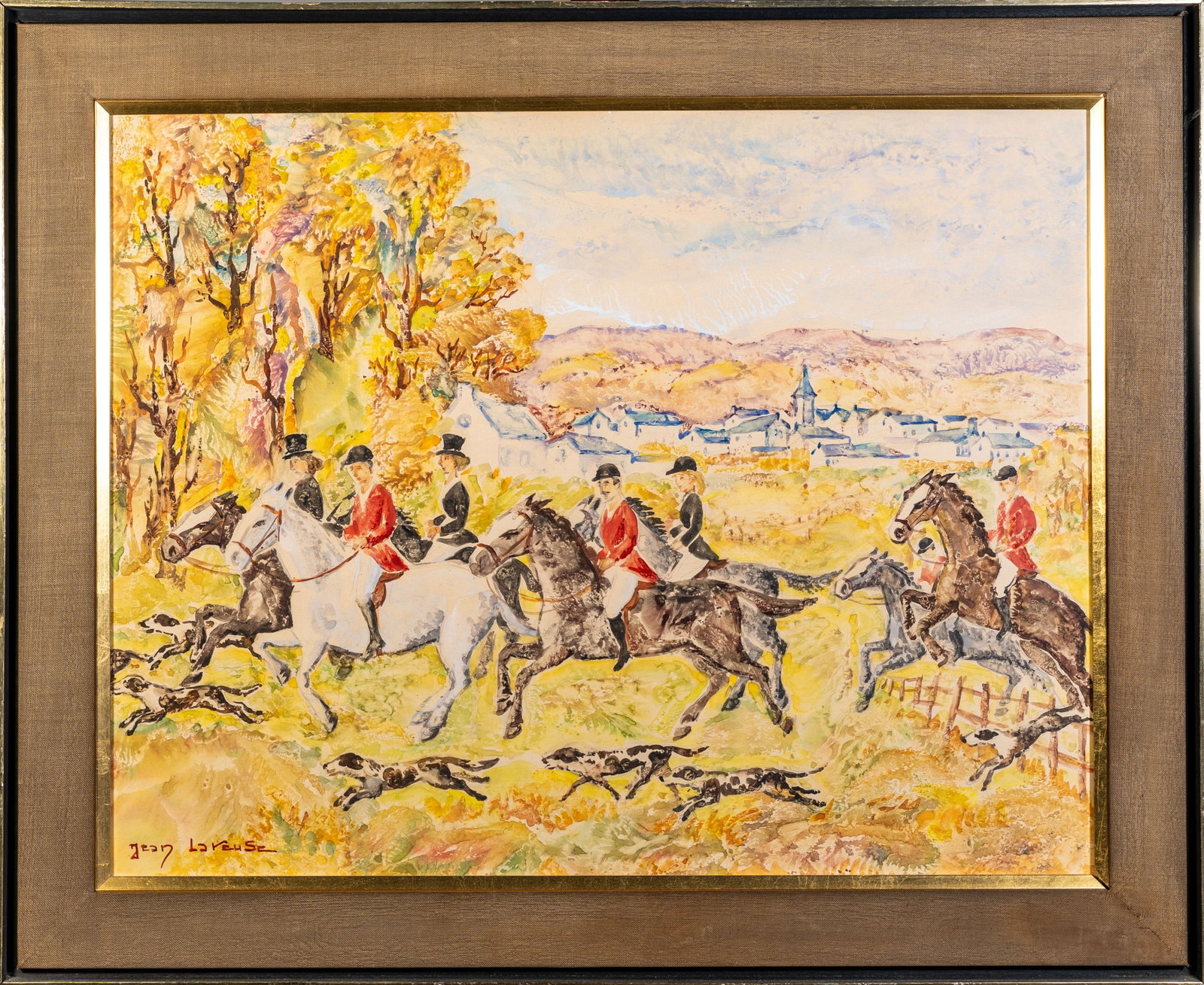 Watercolor by Jean Lareuse (French, 1925-2016) Fox Hunt (1 of 6)