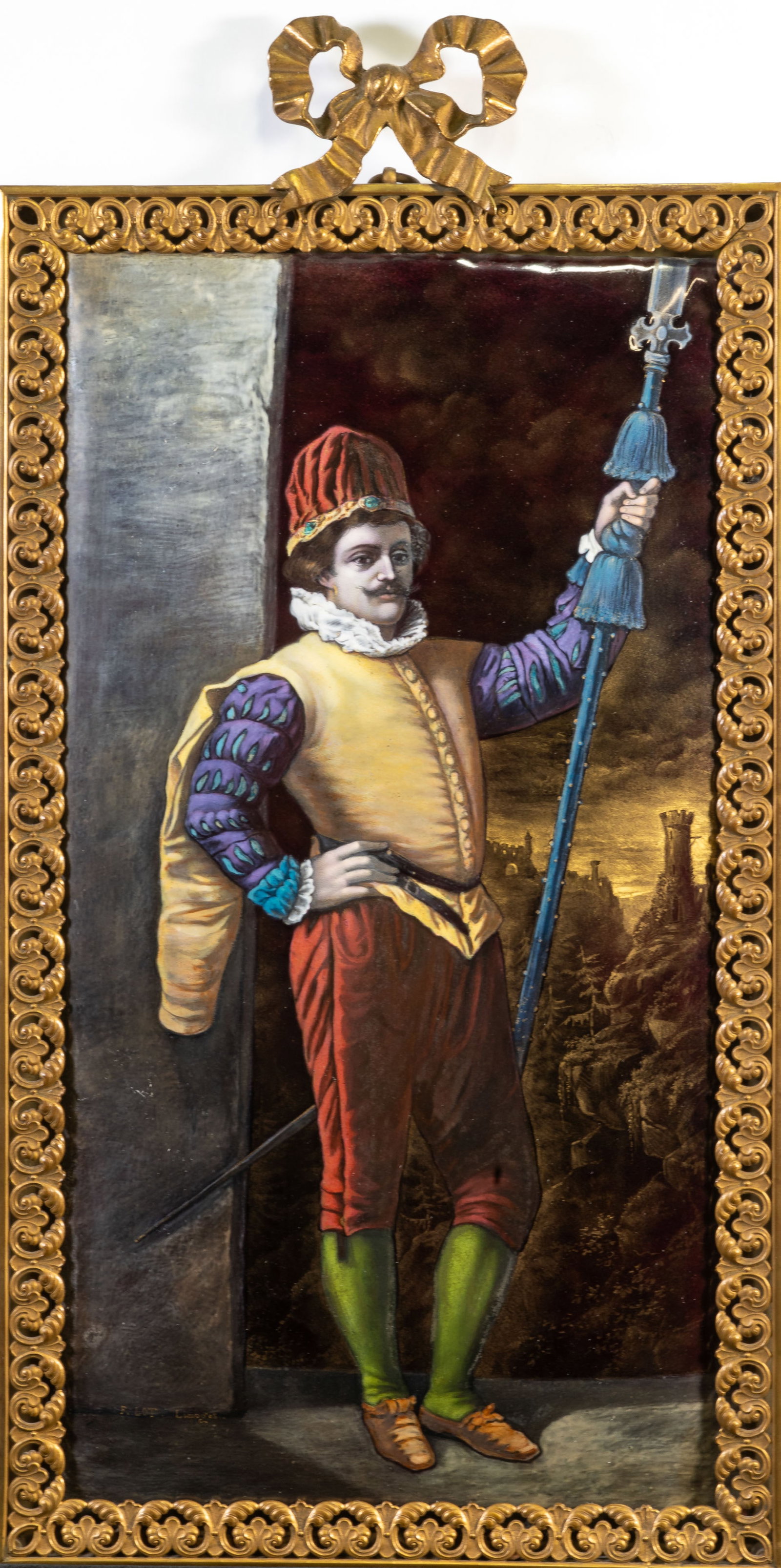 19th C Limoges Enamel on Copper Palace Guard: Antique Limoges enamel on copper plaque of a palace guard. Signed lower left ?F. Lot Limoges.? Mounted in ornate brass and gilt metal frame with ribbon crest. Frame: 16.5 in. H x 9.25 in. W (not inclu
