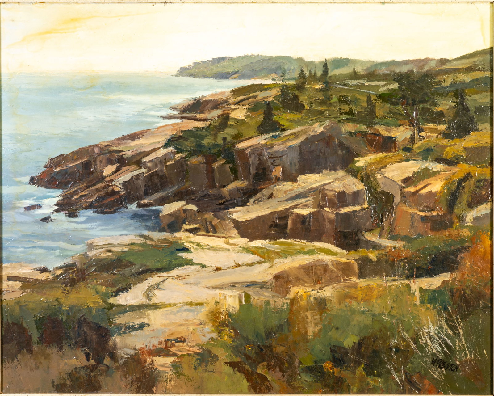 William Preston (American) Otter Cliffs: William Preston (American). Otter Cliffs. Oil on canvas. Signed lower right ?W PRESTON.? Framed without mat or glaze. Canvas: 24 x 30 in. Provenance: Ogunquit Art Association, The Barn Gallery,