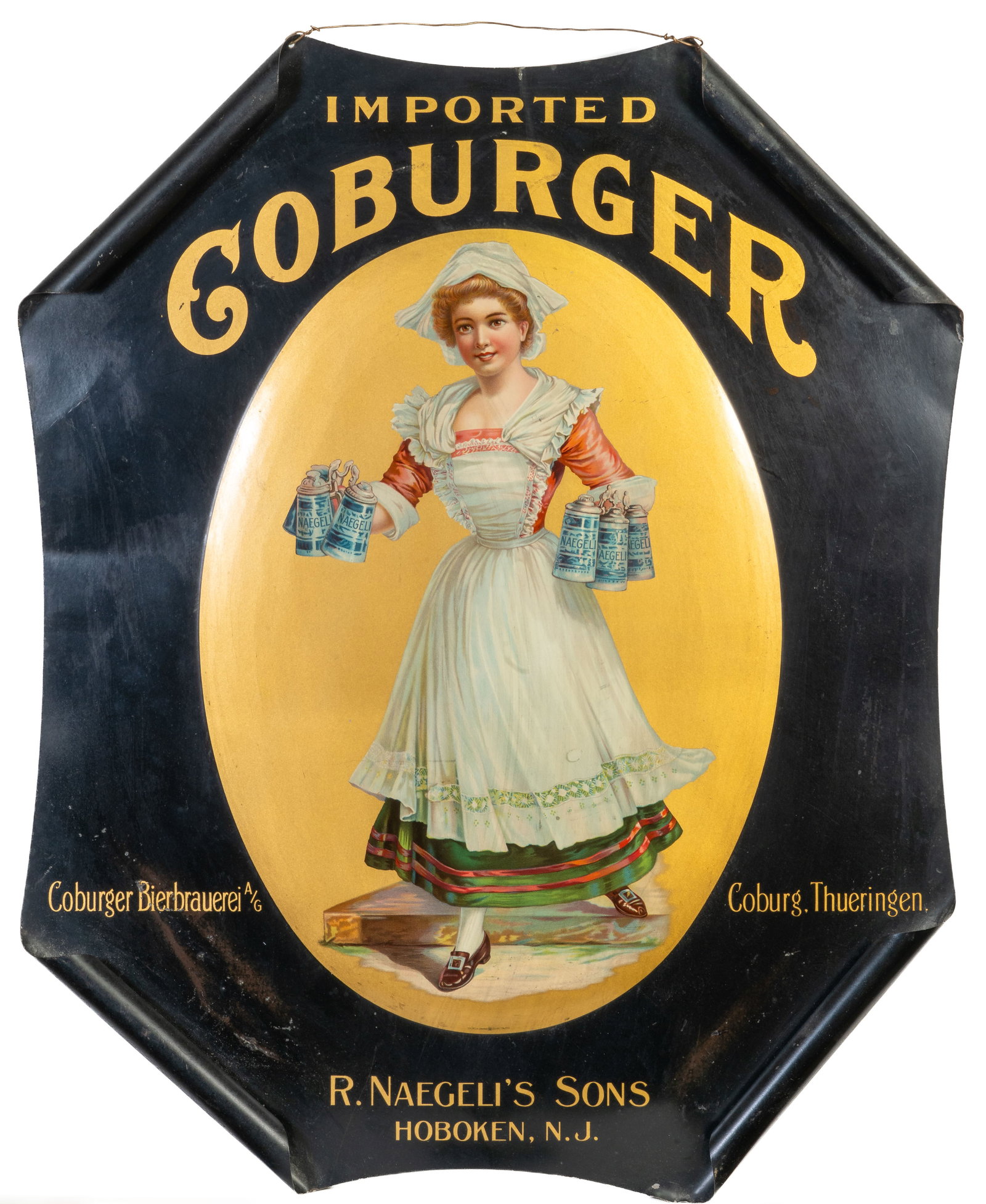 R. Naegeli's Sons Coburger Rolled Edge Beer Sign: Early 20th?century curled?edge beer sign from R. Naegeli?s Sons Brewery advertising Coburger beer. Measures 20.5 in. x 17.5 in. Small dent bottom right and 3?inch dent lower left.