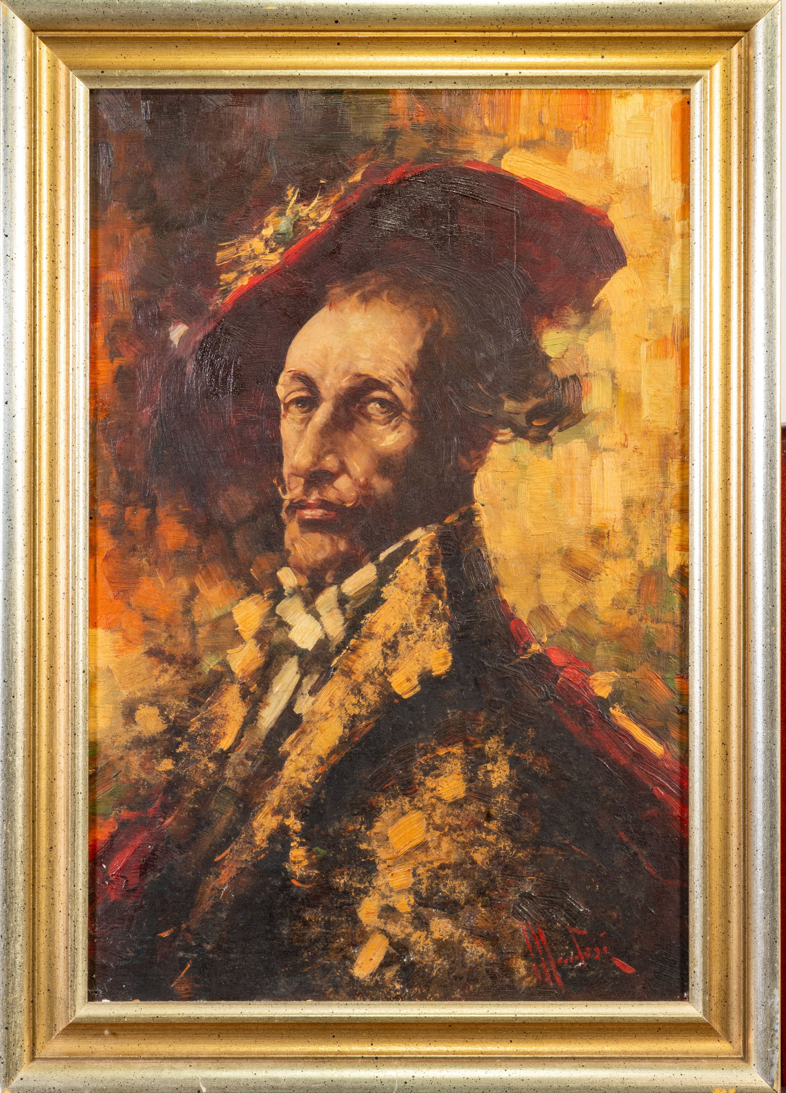 Carlos Antonio Montesi (Italian, b. 1920) Oil on Board: Carlos Antonio Montesi (Italian, b. 1920). Portrait of a Man with Hat. Oil on board. Framed without glaze. Board: 16 x 10.5 in.