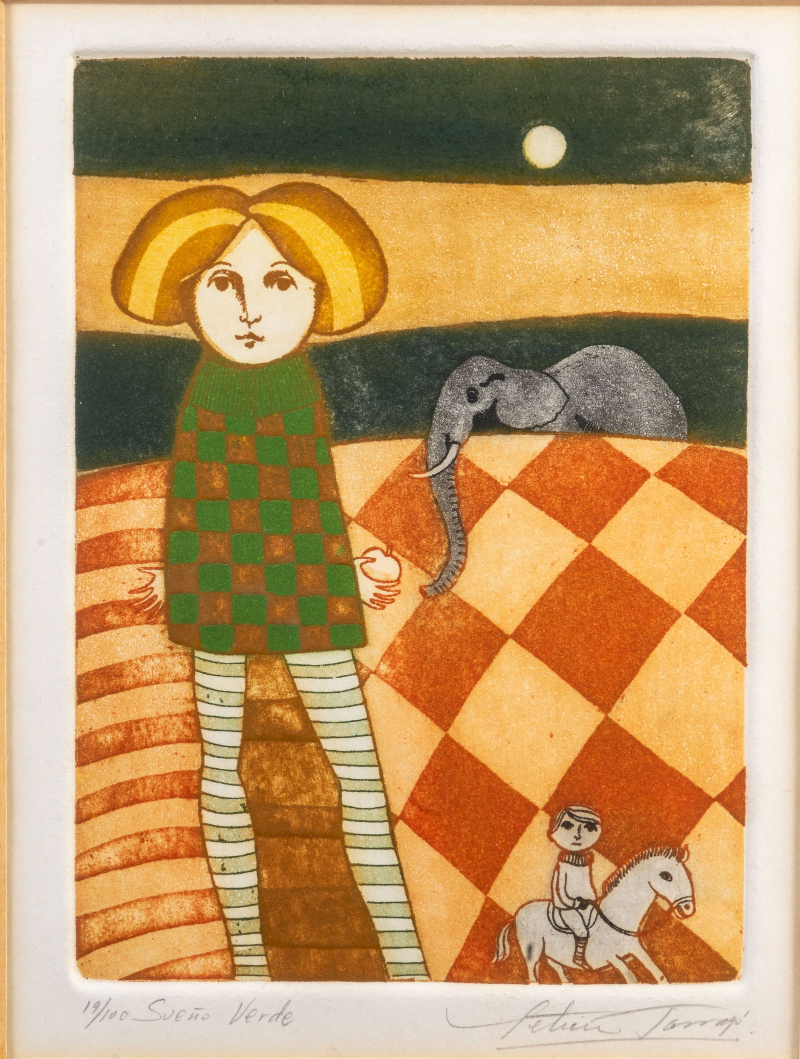 Leticia Tarrago (Mexican, b. 1940) Sue??o Verde: Leticia Tarrago (Mexican, b. 1940). Sue?o Verde. Color etching. Signed lower right. Numbered ?19/100.? Plate: 6.25 x 4.5 in. View: 7 x 5.5 in. Certificate of Authenticity from Davidson Galleries.