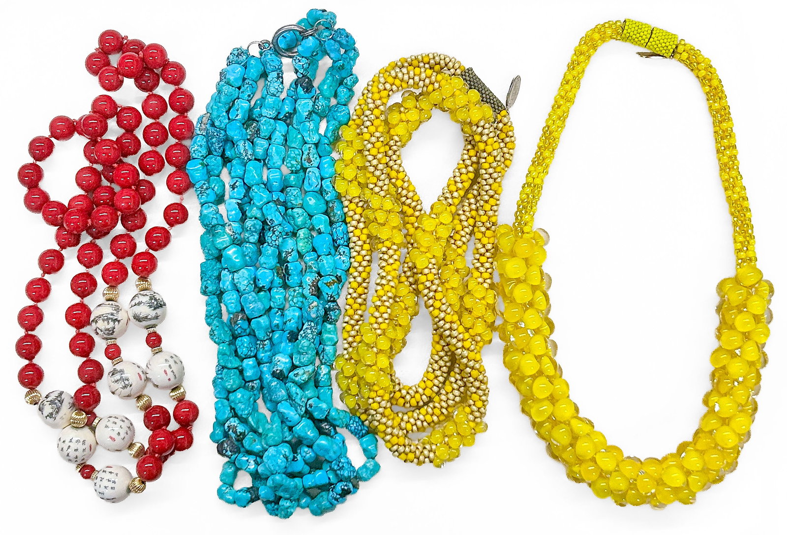 Costume Necklaces: Four (4) costume jewelry necklaces: two Same Sky handmade Rwanda necklaces ("Canary Sky" 17 in., "Canary Hope" 39 in.), one multi?strand turquoise bead necklace with sterling clasp, and one red/white