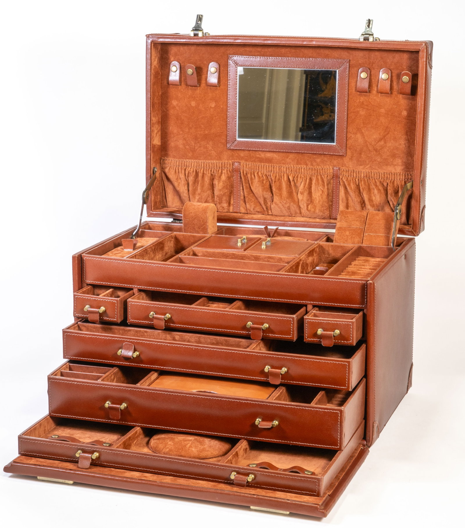 Large Leather Jewelry Case: Large leather?stitched jewelry case, velvet?lined. Measures 10.25 in. H x 16.25 in. W x 10.25 in. D. Very good condition; one pillow missing.
