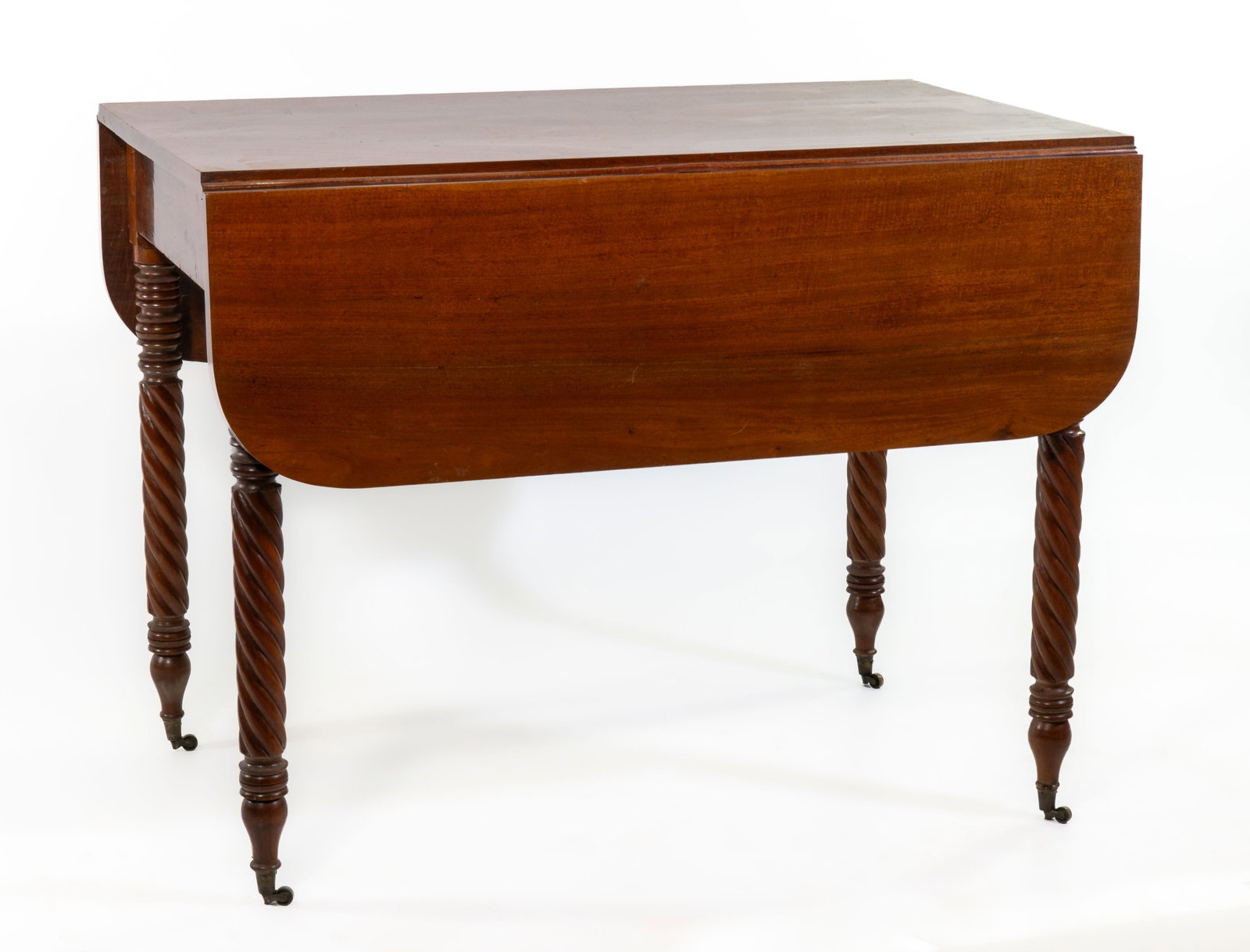 Sheraton-style Drop Leaf Table: Sheraton?style drop?leaf mahogany table with D?shaped drops and rope?turned legs. Dimensions: 29 in. H x 38 in. L x 24 in. W; drops 11.25 in.