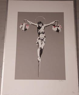 Banksy: Numbered print by Banksy, with printed and signed stamp, limited edition of 150 copies. Size 29.50x19.50inches. In perfect condition with certificate from Italian art gallery with original pow stamp