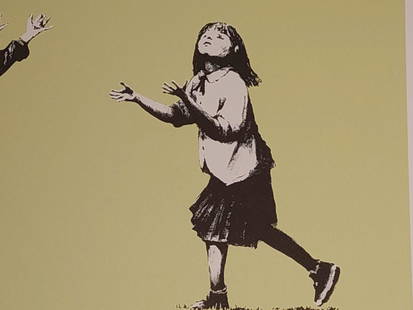 Banksy: Numbered print by Banksy, with printed and signed stamp, limited edition of 150 copies. Size 29.50x19.50inches. In perfect condition with certificate from Italian art gallery with original pow stamp