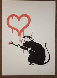 Banksy: Numbered print by Banksy, with printed and signed stamp, limited edition of 150 copies. Size 29.50x19.50inches. In perfect condition with certificate from Italian art gallery with original pow stamp