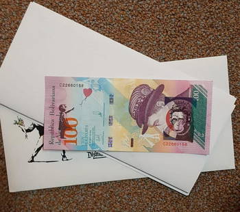 Banksy: 100 Bolivares, Venezuela coin, original bill reworked by Banksy with spray and mixed technique, with certificate