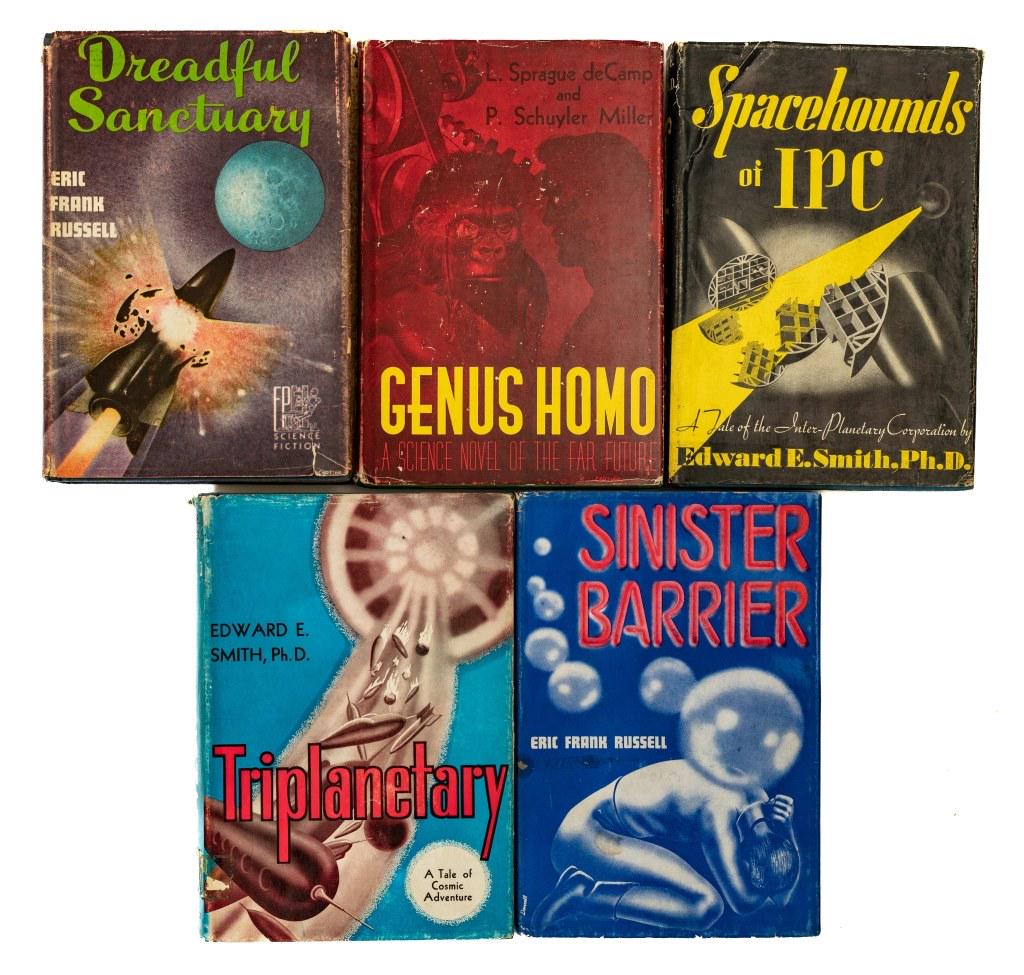 [SCI-FI] FANTASY PRESS 5 VOLUMES: [SCI-FI.] Fantasy Press Reading, PA. 8vo. 5 volumes sold together. Including: (with Djs. by Ed Cartier) GENUS HOME, DREADFUL SANTUARY and SINISTER BARRIER.* (with Djs by A.J. Donnell) TRIP PLANETARY, 