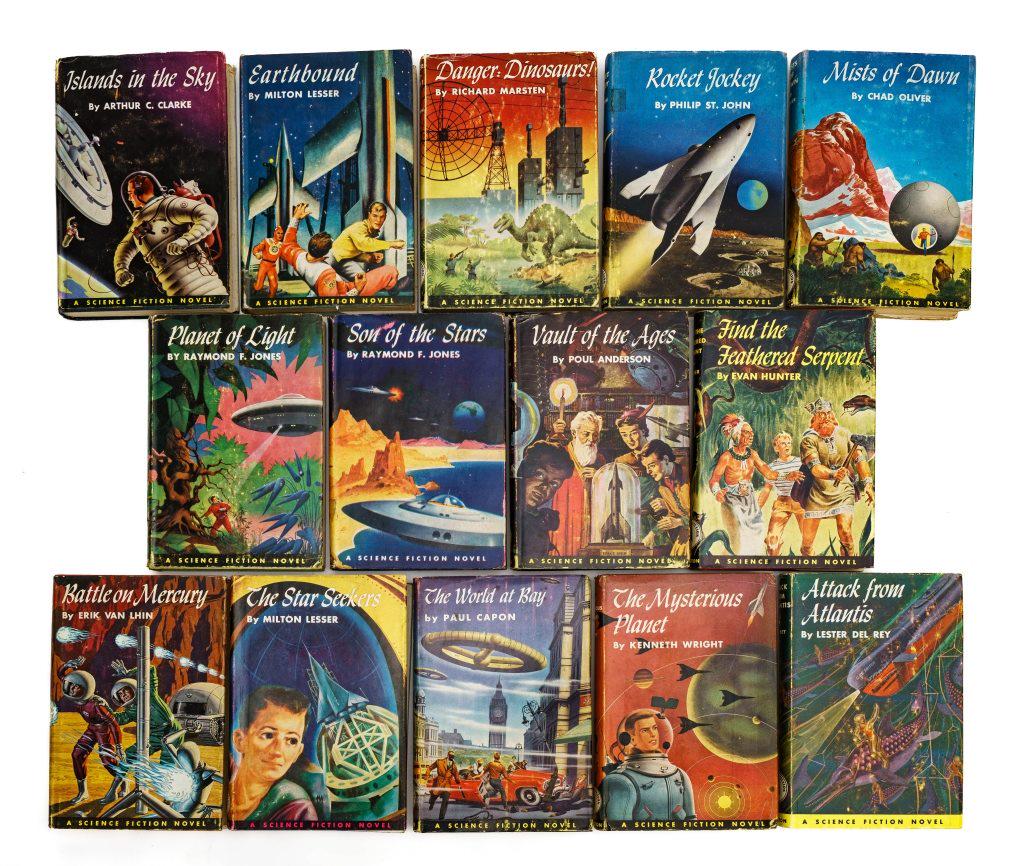 [SCI-FI] JOHN WINSTON PUBLISHER 14 VOLUMES: [SCI-FI.] 14 works sold together. Published by THE JOHN C WINSTON CO. All stated First Edition, all with dust-wrappers. 8vo. 7 volumes with Jacket designed by Alex Schomburg. Including: Lesser, Milton