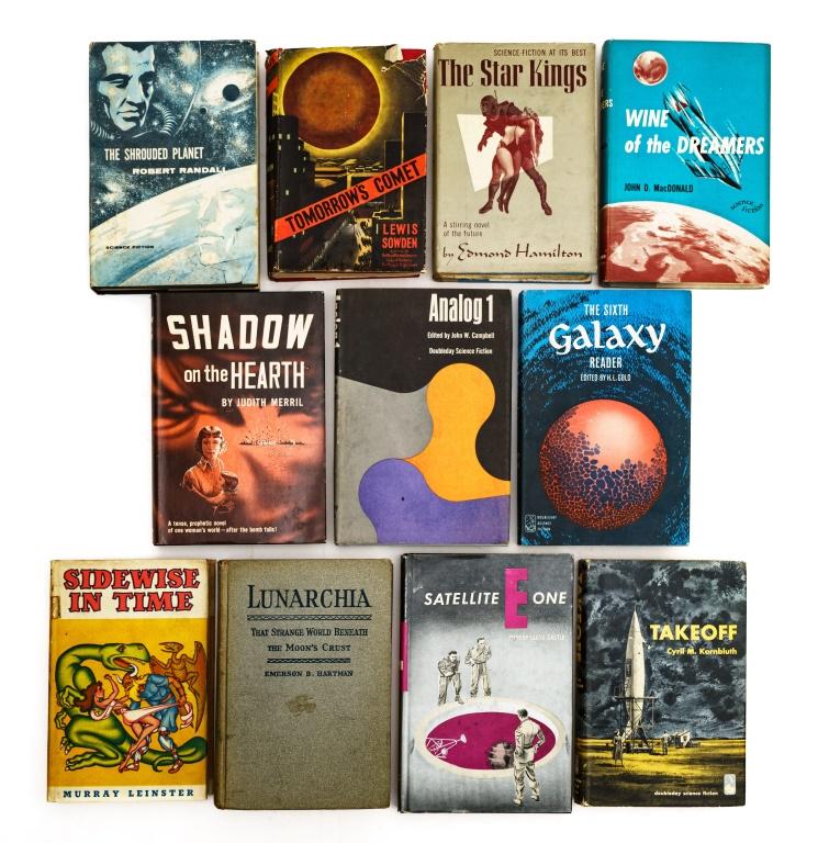 [SCI-FI] LOT OF 11 VOLUMES SOLD TOGETHER: [SCI-FI.] 11 volumes sold together, including: Campbell, John W. ANALOG 1. 1960 * Castle, Jeffery Lloyd. SATELITE E ONE. 1954. * Gold, H.L. THE SIX GALAXY READER. 1956. * Hamilton, Edmond. THE STAR KI
