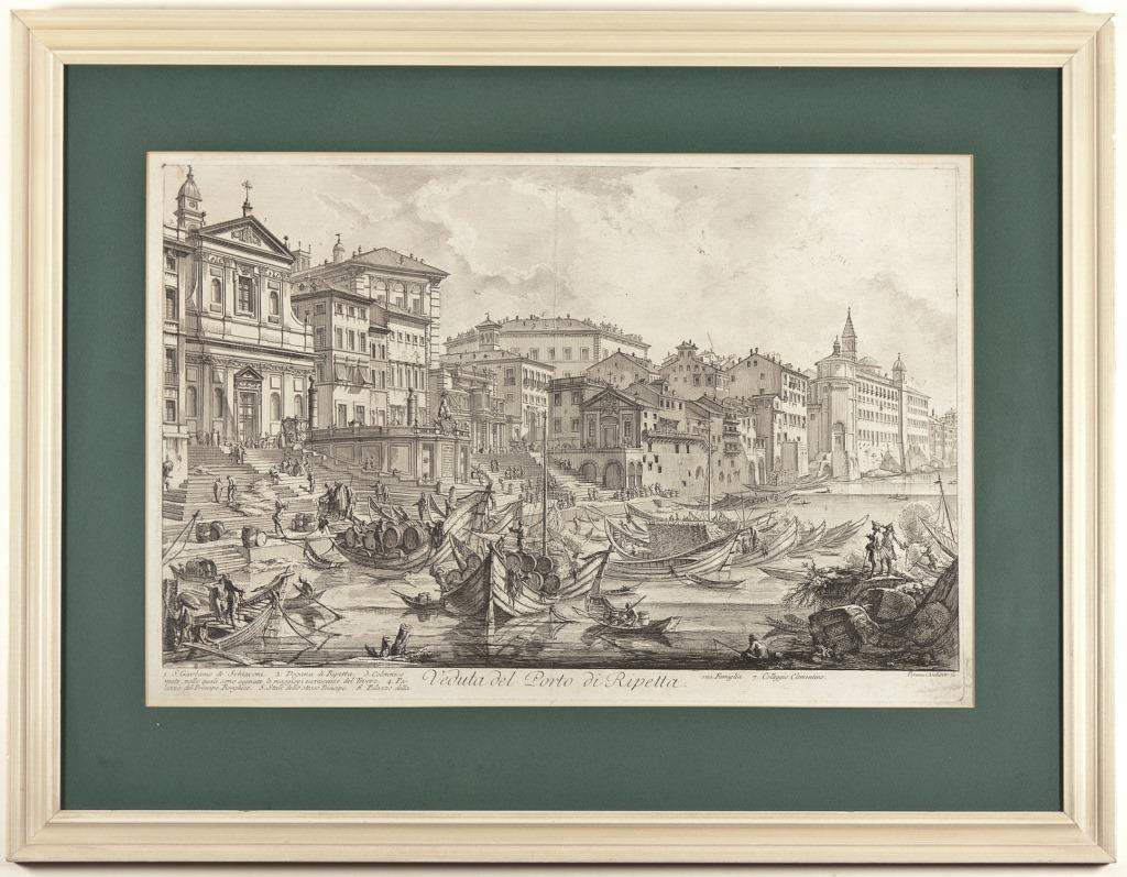 [PRINTS] PIRANESI ETCHING PORTO DI RIPETTE: Giovanni Battista Piranesi (Italian, 1720-1778) VENDUTA DEL PORTO DI RIPETTE.. Etching with engraving and Lettering; Piranesi Architetto Fe. lower right; titled lower center. Framed. Plate, sight: 36.