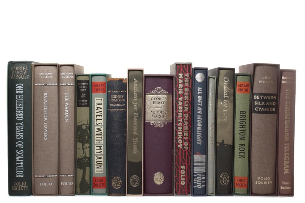 [FOLIO SOCIETY] ( MALE AUTHORS ) 14 VOLS: [FOLIO SOCIETY] ( Male Authors ) A lot of 14 works in 14 volumes sold together including: Greene, Graham. TRAVELS WITH MY AUNT. 2004. Slip case. * Garcia Marquez, Gabriel. ONE HUNDRED YEARS OF SOLITUD