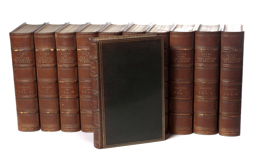 [BINDINGS] JOHN LORD CAMPBELL. WORKS IN 11V: [BINDINGS] Campbell, John Lord. London, John Murray. Including: THE LIVES OF THE CHIEF JUSTICE OF ENGLAND FROM THE NORMAN CONQUEST TILL THE DEATH OF LORD MANSFIELD. 3vols. 1849, 1847, 1857 * THE LIVES