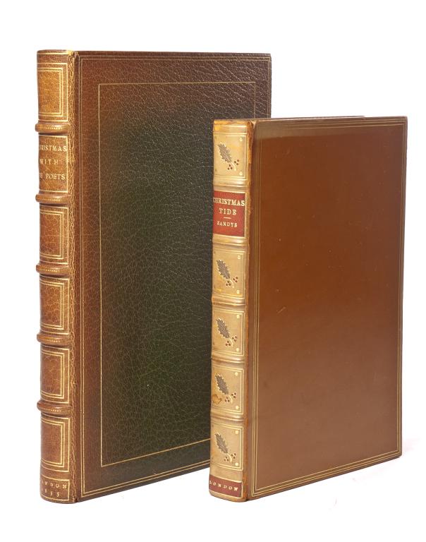 [BINDINGS] CHRISTMAS TWO VOLUMES SOLD TOGETHER: [BINDINGS] [CHRISTMAS] 2 books sold together. Sandys [-]. CHRISTMAS WITH THE POETS. London, David Bogue, 1855 Illustrated with colour lithographs by Birket Foster. Large 8vo. Bound in full green moroc