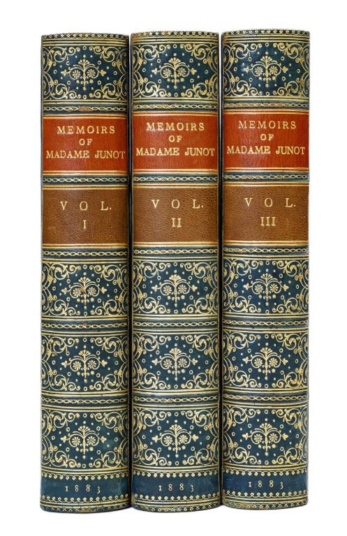 [BINDINGS] MEMOIRS OF MADAME JUNOT 3 VOL 1883: [BINDGINS] MEMOIRS OF MADEME JUNOT DUCHESSE D'ABRANTES. London, Richard Bentley and Son, 1883. 8vo. 3 volumes. Frontispieces and engraved portraits all through. Full blue polished morocco, gilt ruled 