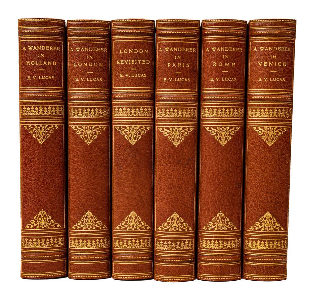 [BINDINGS] LUCAS, E.V. 6 WORKS SOLD TOGETHER: [BINDINGS] Lucas, E.V. 6 works uniformly bound sold together. London, Methuen & Co. 8vo Frontispieces, coloured and b/w plates all through. Half leather and cloth, gilt ruled to covers, 3 gilt raised 