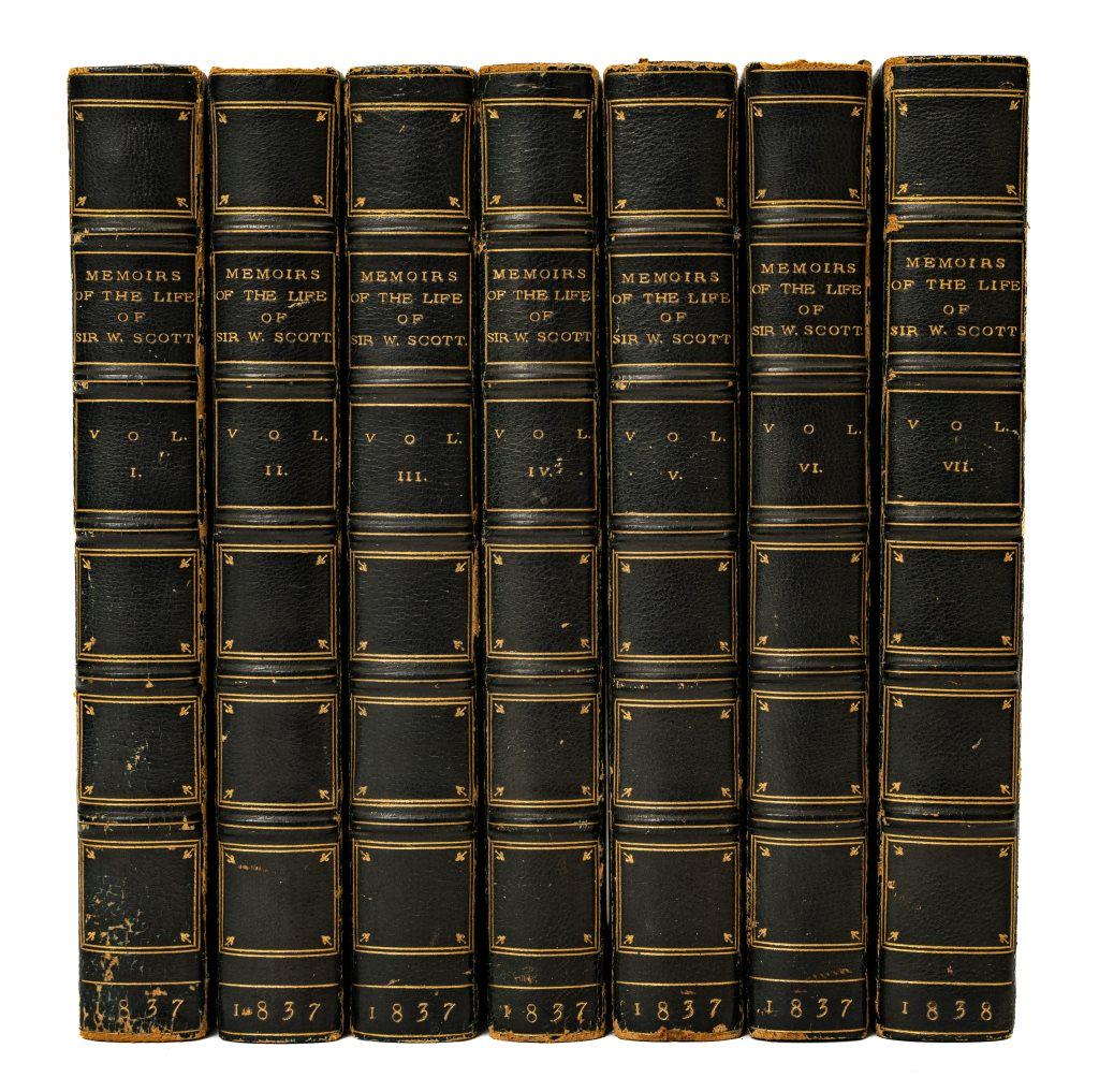 [BINDINGS] SIR WALTER SCOTT MEMOIRS. 7 VOLS: [BINDINGS] [Lockhart, J. G.]. MEMOIRS OF THE LIFE OF SIR WALTER SCOTT. Edinburgh: Robert Cadell; London: John Murray, 1837-38 8vo. 7 volumes. Frontispiece to volume 1. 1/2 blue morocco and marbled boa