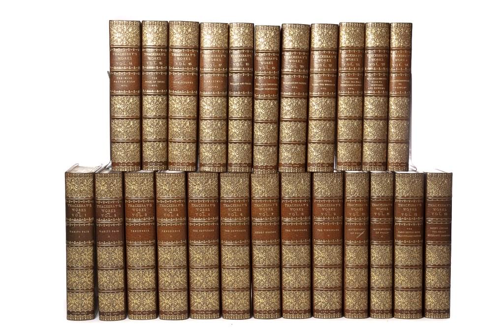 [BINDINGS] THE WORKS OF WILLIAM THACKERAY. 24 VOL: [BINDINGS] Thackeray, Wiliam Makepeace. 1811-1863. THE WORKS OF WILLIAM MAKEPEACE., London: Smith, Elder, & Co. 1869. 8vo. 24 volumes. Illustrated with engravings. Binding by Riviere & Son. Full green
