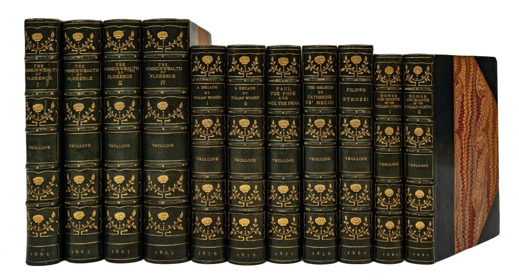 [BINDINGS] TROLLOPE, T. A. ITALIAN WORKS 11 VOL: [BINDINGS] Trollope, Thomas Adolphus and Frances Eleanor Trollope. ITALIAN WORKS., London, Chapman and Hall. 8vo. 6 works in 11 volumes uniformly bound. Binding by Zaehnsdorf. Half dark blue morocco a