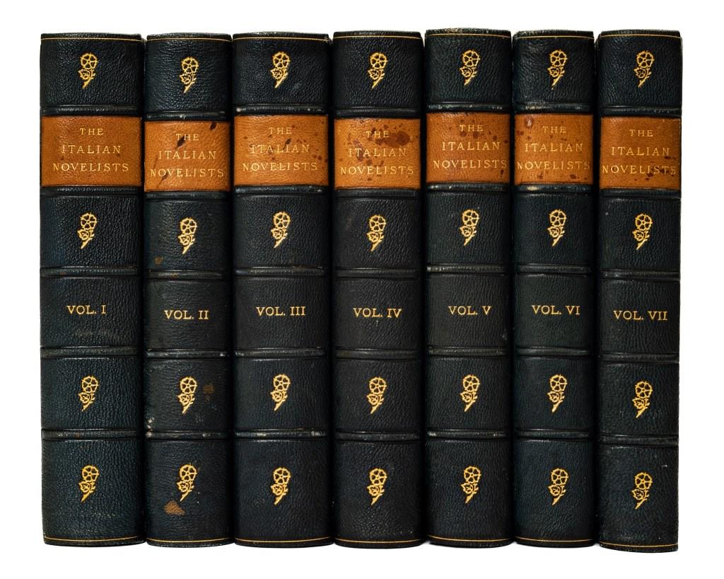 [BINDINGS] WATERS THE ITALIAN NOVELIST 7 VOLS 1901: [BINDINGS] Waters, W.G. (translator) THE ITALIAN NOVELISTS., London, 1901. 7 volumes. Privately printed for members of The Society of Bibliophiles. Uniformly bound. Full blue morocco, gilt decorated c