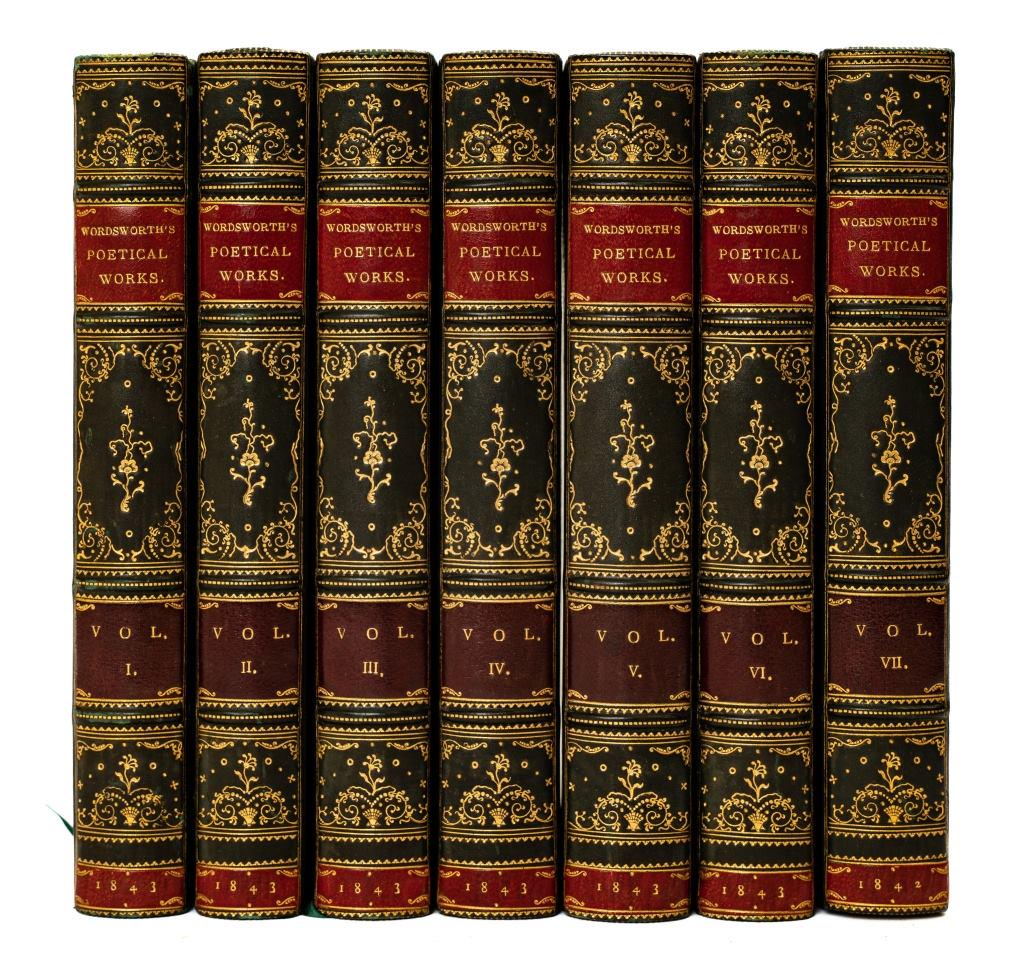 [BINDINGS] WORDSWORTH POETICAL WORKS 7VOLUMES: [BINDINGS] Wordsworth, William. THE POETICAL WORKS., London, Edward Moxon, 1842 AND 1843. Uniformly bound. Full green leather, gilt rule covers. 4 gilt raised bands, gilt labels and decor to spine com