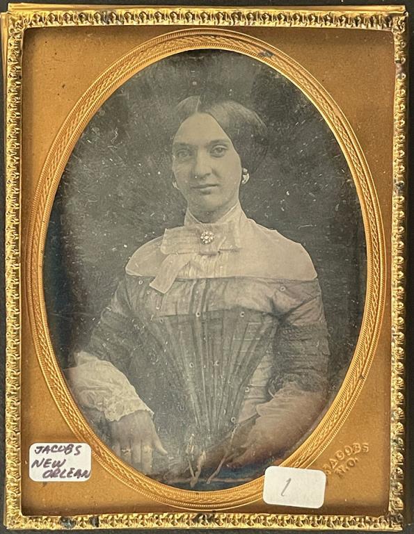 [DAGUERREOTYPE] JACOBS, E. QUARTER PLATE: Quarter plate portrait by New Orleans daguerreotypist Edward Jacobs. Edward Jacobs [Southern belle, New Orleans] Quarter plate daguerreotype, no case. 1855 Additional images and detailed condition rep
