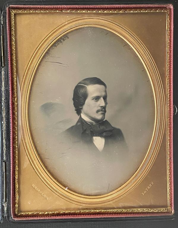 [DAGUERREOTYPE] WHIPPLE, J.A. CRAYON VIGNETTE: Cased 1/2 plate daguerreotype portrait of a young man with crayon vignette technique patented by Whipple. Whipple, John Adams [Vignette Young Man] Cased half plate daguerreotype. Boston case. 15 x 12 