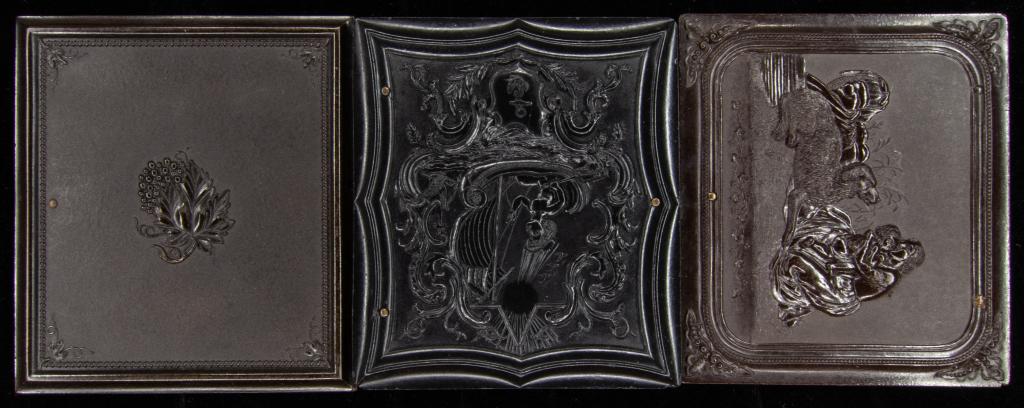 [THEROPLASTIC ARTS] LOT OF 3 PICTORIAL CASES: 3 empty thermoplastic cases sold together "The Calmady Children" Die engraver: Hiram W. Hayden Casemaker: S. Peck and Company Sixth plate 3 3/4 x 3.5 inches "Bobby Shafto" Casemaker: A. P. Critchlow a