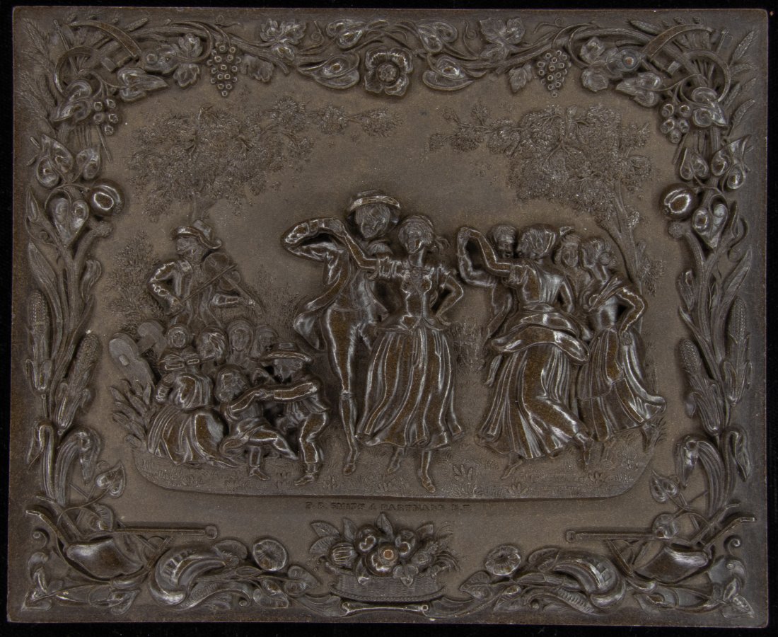 [THERMOPLASTIC ARTS] CASE: MONEY MUSK: Quarter plate thermoplastic case (also called union case or gutta-percha) depicting a a group of people dancing. The festive engraving is titled "Money Musk" Die engravers: Frederick B. Smith and Herm