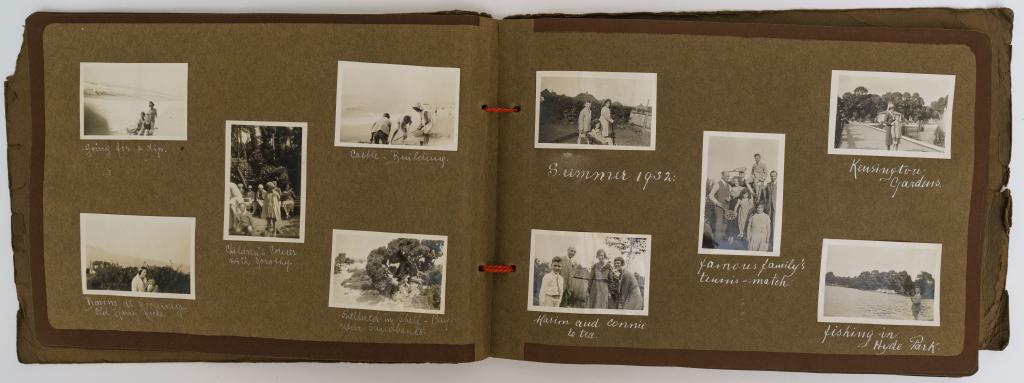 [ALBUMS] FAMILY TRAVELS LABRADOR AND WORLDS FAIR: Oblong 4to. Brown paper photography album. 7.5 x 11 inches. Approx. 182 silver print photographs. A family alum showing life and travels including Labrador, Europe, Bruges, and a Worlds Fair.. c.1928 