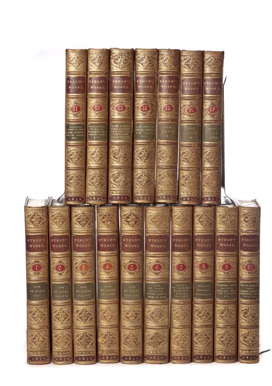 [BINDINGS] THE WORKS OF LORD BRYON 17 VOLUMES: [BINDINGS] Moore, Thomas. THE WORKS OF LORD BYRON., London: John Murray, 1832-33.17 volumes. Illustrated with engraved titles, and frontispieces. 12mo, full polished calf, covers with gilt panels, spi