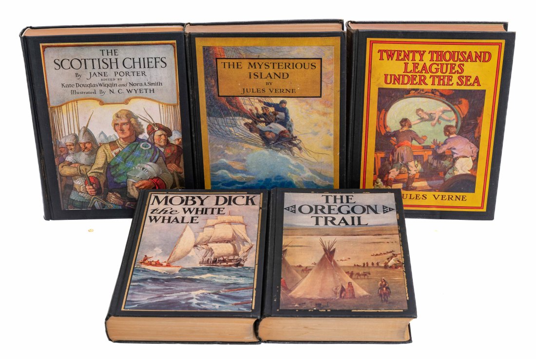 [CHILDREN/ILLUS] LOT OF 5 VOLUMES SOLD TOGETHER: AMERICAN ILLUS. A lot of 5 volumes in uniform design sold together. Including:Parkman, Francis. THE OREGON TRAIL. Philadelphia: John C. Winston, 1931. Ex libris Robt. W. G. White.Melville, Herman. MOB