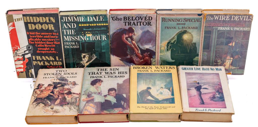 [LITERATURE] LOT OF 9 VOLS SOLD TOGETHER: FRANK. L. PACKARD. A lot of 9 volumes sold together. Mostly first Canadian editions in dustjacket. Including:GREATER LOVE HATH NO MAN. Toronto: The Copp, Clark Co., 1913. 8vo. Full brown cloth. With p