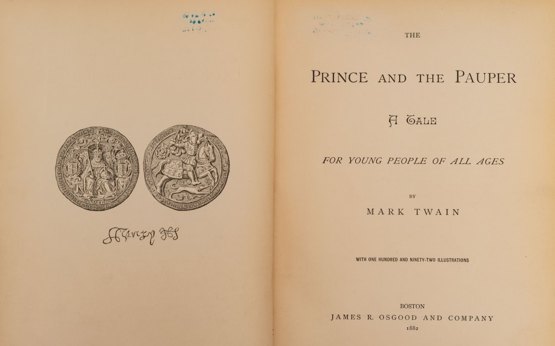 [LITERATURE]TWAIN, MARK. THE PRINCE AND THE PAUPER: Twain, Mark.The Prince And The Pauper: A Tale For Young People Of All Ages. Illustrated. Boston: James R. Osgood & Co., 1882. Quarto. Full green pictorial cloth. Upper with armorial gilt stamp and gil