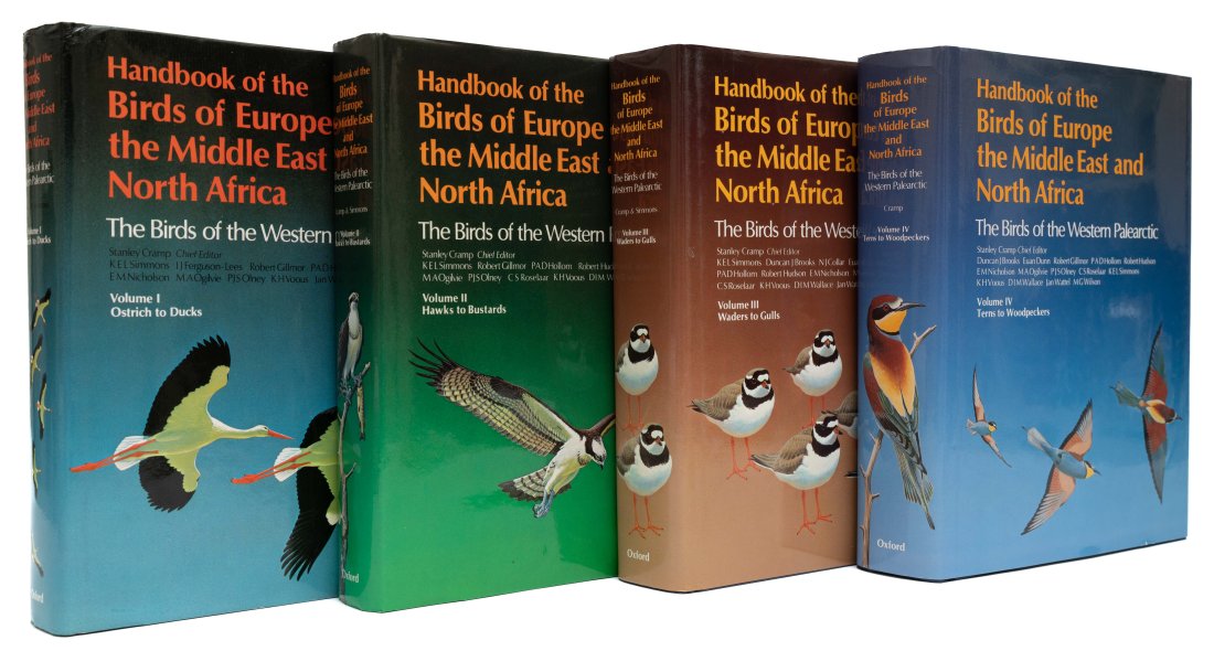 CRAMP, STANLEY. HANDBOOK OF THE BIRDS..4V. 1978-85: Cramp, Stanley [editor] HANDBOOK OF THE BIRDS OF EUROPE, THE MIDDLE EAST, AND NORTH AFRICA. 4 volumes. Oxford: Oxford University Press, 1978-85. 722; 695; 913; 960 pp. 4 quartos in uniform binding. Fu