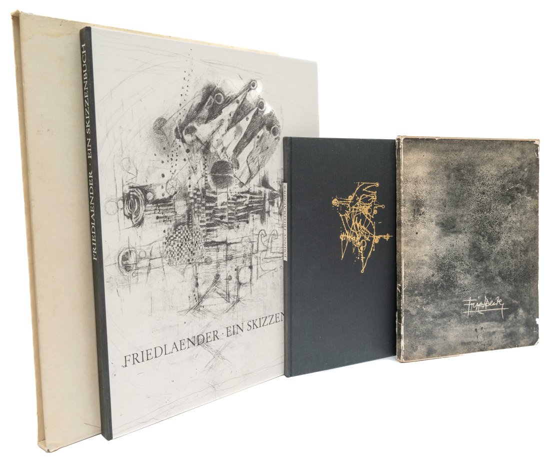 JOHNNY FRIEDLANDER. LOT OF 2 VOLS SOLD TOGETHER: JOHNNY FRIEDLANDER. A lot of 2 volumes sold together. Including: * OEUVRE: 1961 - 1965. New York: Touchstone, n.d. Folio. Full black cloth. Housed in a slipcase. * EIN SKIZZENBUCH: ZEICHNUNGEN UND KON