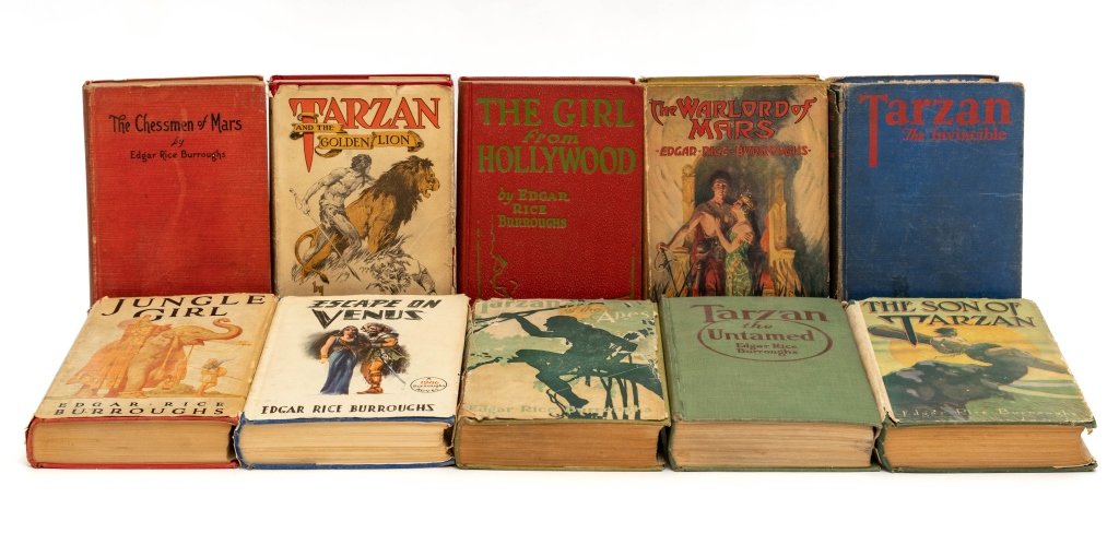 BURROUGHS, EDGAR RICE. LOT OF 10 V SOLD TOGETHER: BURROUGHS, EDGAR RICE. A lot of 10 volumes sold together. Including: TARZAN OF THE APES. New York: A. L. Burt, 1914. 8vo. Full green cloth. With a dust jacket. THE SON OF TARZAN. New York: A. L. Burt,