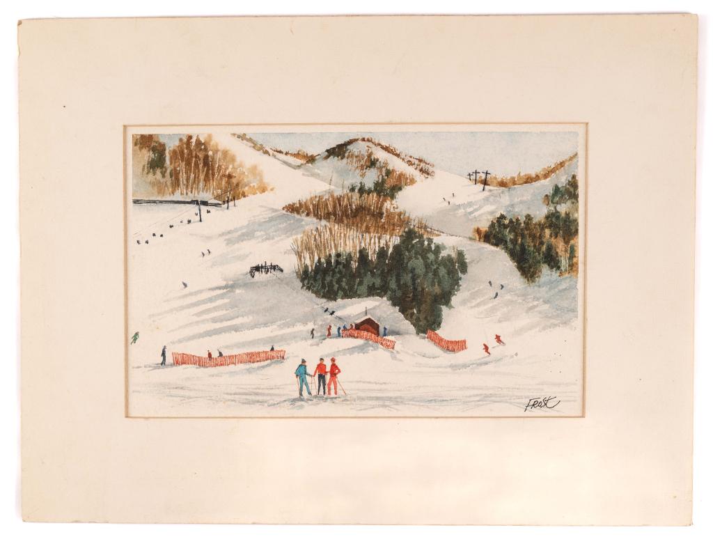 [SKIING] FROST, ERNEST. GEORGIAN PEAKS. OG ILLUS.: FROST, Ernest. GEORGIAN PEAKS. Original watercolour, signed, on fine thick paper. 19 x 29 cm. In cardstock frame, captioned and signed on verso. Generally very good condition. *Additional images and d