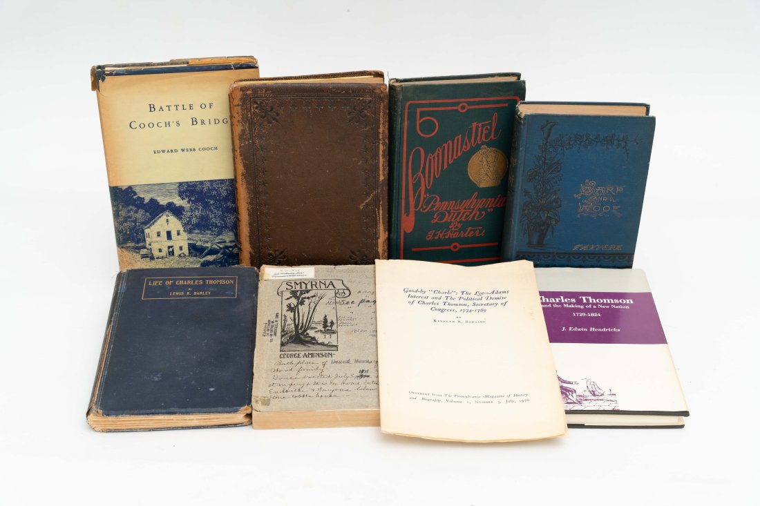 [THOMSON/WOOD] LOT OF 8 VOLUMES SOLD TOGETHER: THOMSON/WOOD. A lot of 8 volumes relating to the lives and work of De Volson Wood and Charles Thomson, noted American figures (details below). Including: COPY OF 'SNOW-BOUND' WITH LETTERS OF MARRIAGE