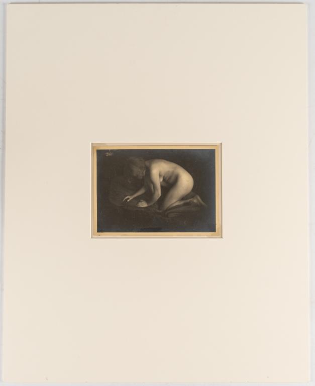 [PRINTS] KRULL, GERMAINE. NUDE WOMAN CROUCHED: KRULL, GERMAINE. Silver print photograph of nude woman, face hidden, crouching/kneeling on couch; possibly Berthe Krull. (1930). 12.5 x 16.5 cm. *Additional images and detailed condition reports are a