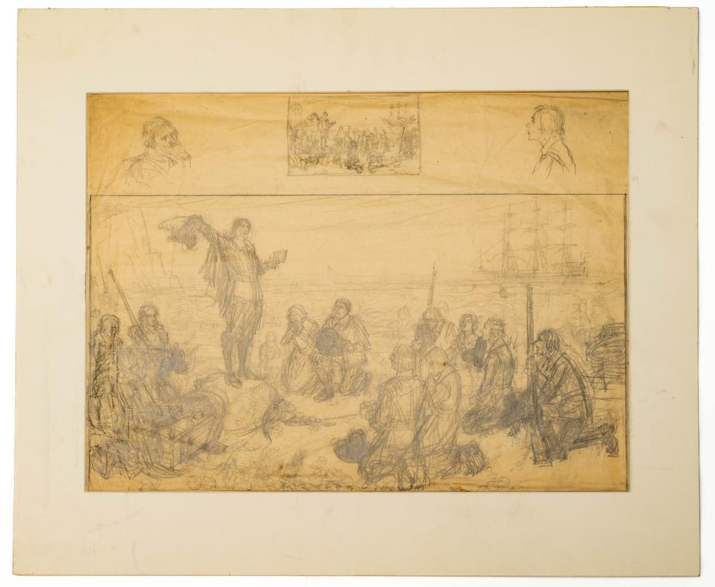 [ORIG ART] SULLIVAN, E.J. PENCIL-ON-PAPER SKETCH: SULLIVAN, EDMUND J. Original pencil-on-paper sketch. 37 x 50.5 cm. With preliminary sketch and more detailed close-ups of two figures drawn at top. Generally good condition: paper toned, creased, vari