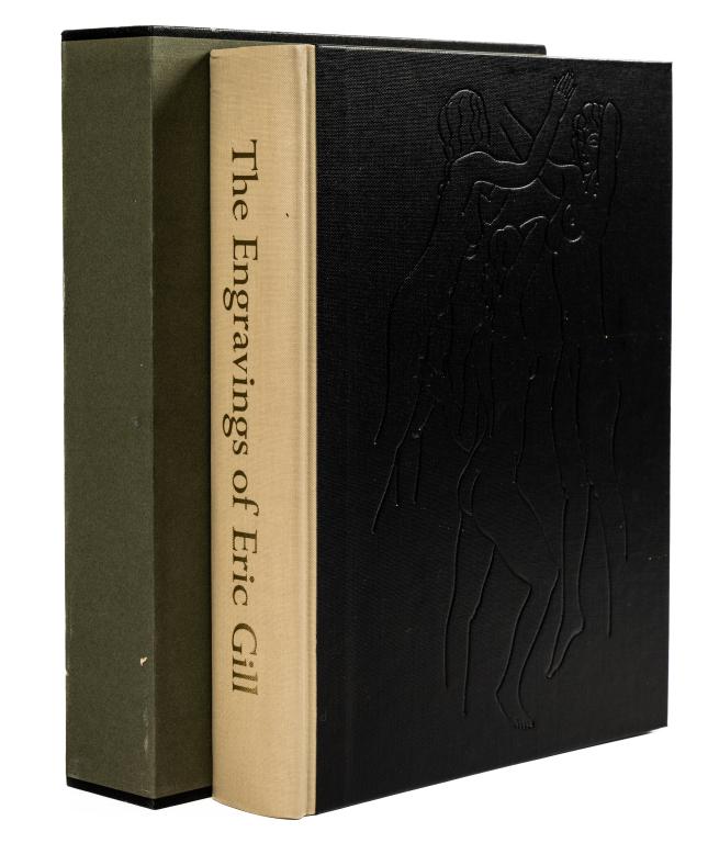 GILL, ERIC. THE ENGRAVINGS. 1983: Gill, Eric. THE ENGRAVINGS OF ERIC GILL. Wellingborough (England): Christopher Skelton, 1983. Folio. Full cloth boards, black with beige backstrip. Upper with blind pictorial design of three nude wome