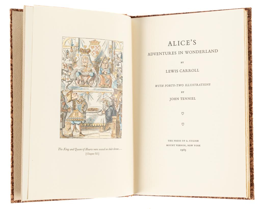 CAROLL, LEWIS; TENNIEL. ALICE'S ADVENTURES. 1983: Carroll, Lewis; Tenniel, John [illustrator]. ALICE'S ADVENTURES IN WONDERLAND. New York: A. Colish, 1983. Quarto. Full pink cloth boards printed with dense floral design. Gilt illustration of Alice on