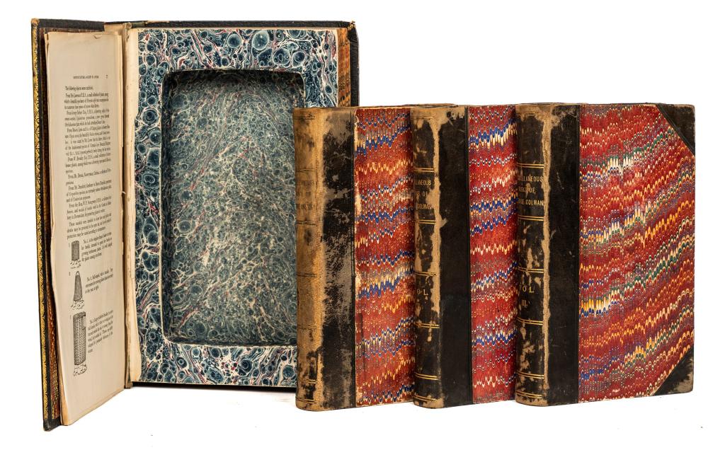 COLMAN, GEORGE. PROSE & VERSE. 3 VOLS + 1. 1787: Colman, George. 3 vols. PROSE ON SEVERAL OCCASIONS; ACCOMPANIED WITH SOME PIECES IN VERSE. London: T. Cadel, 1787. 3 vols, 8vo, in uniform binding. Half black morocco over marbled boards. Flat spines 