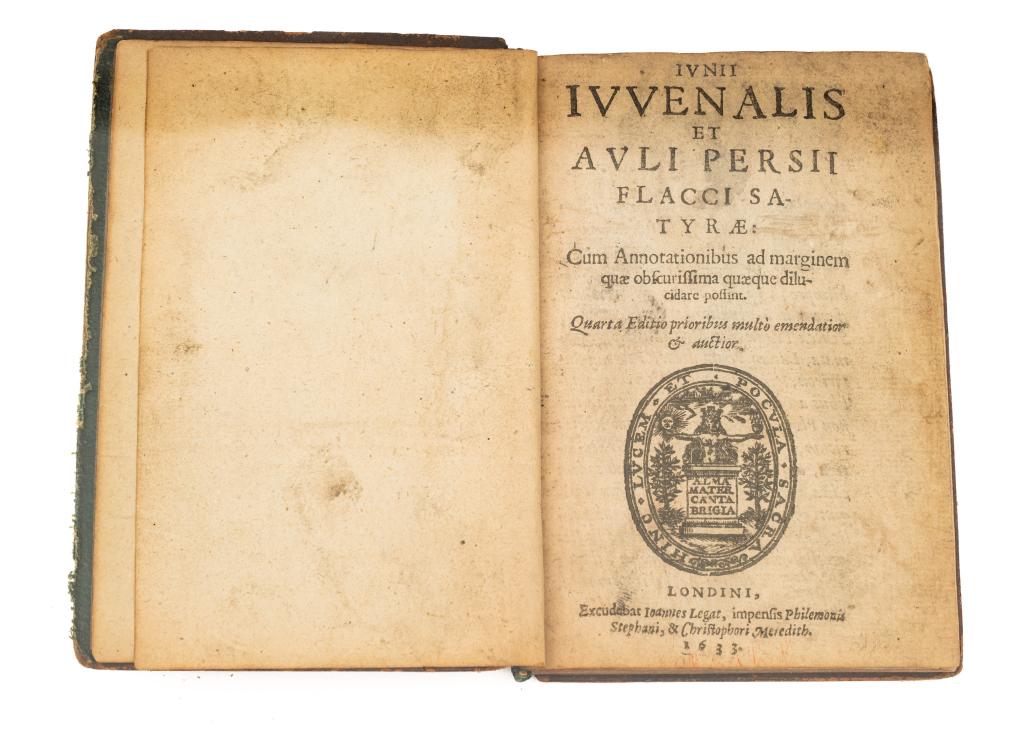 JUNII JUVENALIS ET AVLI PERSII FLACCI SATYRAE 1633: JUNII JUVENALIS ET AVLI PERSII FLACCI SATYRAE. Cum Annotationibus ad Marginem quae obscurissima quaeque dilucidare possint. Quarta editio. London: Joannes Legat. 1633. 12mo. Full diced calf boards, up