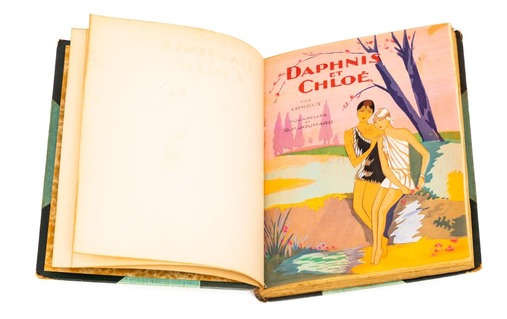 LONGUS; JOUMARD, G.P. DAPHNIS ET CHLOE POCHOIR: Longus; Joumard, G.P. [illustrator]. DAPHNIS ET CHLOE, with tipped-in colour pochoir plates by Joumard. Paris: Editions Nilsson, n.d. 8vo. Half black morocco over blue cloth boards. Gilt rules on moro