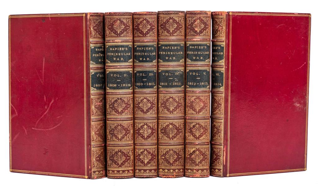 NAPIER, W.F.P. HISTORY OF THE WAR. 6 VOLS. 1882: Napier, W. F. P. HISTORY OF THE WAR IN THE PENINSULA AND IN THE SOUTH OF FRANCE FROM THE YEAR 1807 TO THE YEAR 1814. 6 vols. London: Barthes & Lowell, 1882. 6 vols, 8vo, in uniform binding. Full red c